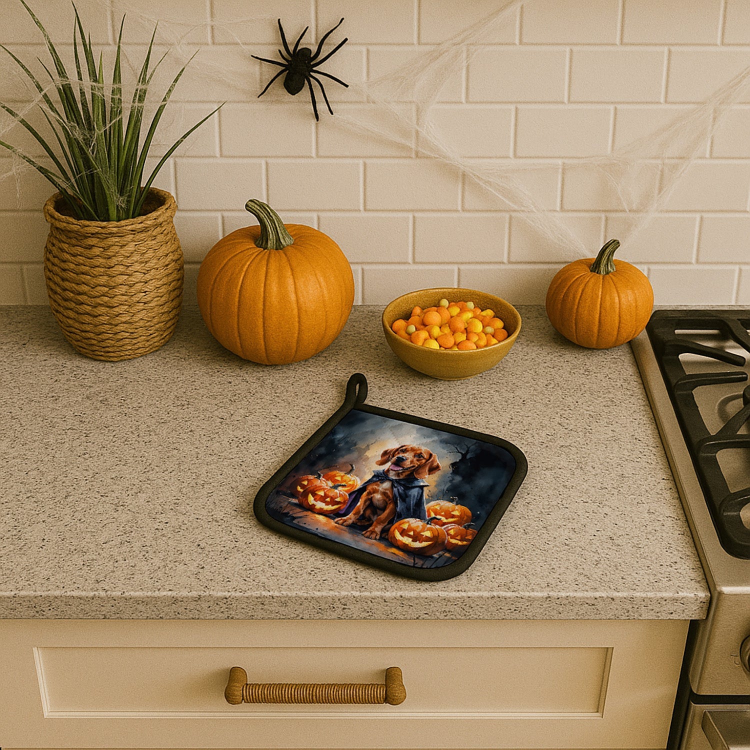 Vizsla Puppy Halloween Pot Holder Set of 2 Heat Resistant Quilted Hot Pads 7.5 x 7.5 Inch, Insulated Kitchen Trivets for Cooking & Baking
