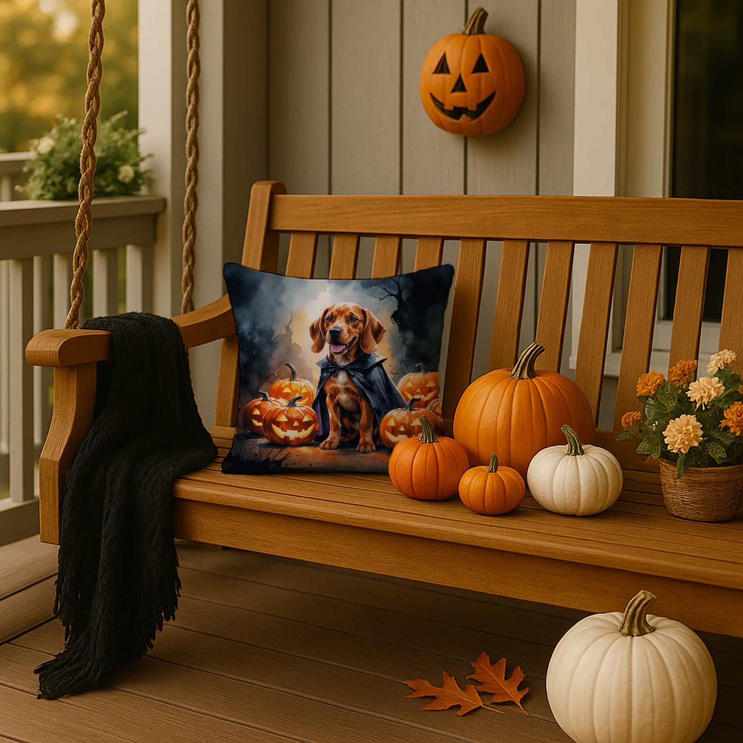 Vizsla Puppy Halloween Decorative Throw Pillow 14x14 Indoor Outdoor Accent Cushion, Fabric Cover with Insert for Sofa, Bed, Porch & Living Room