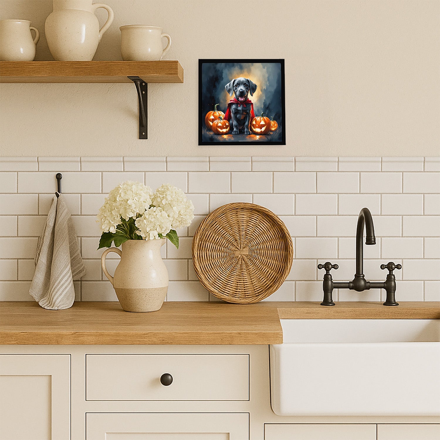 Weimaraner Puppy Halloween Framed Metal Print Bathroom, Kitchen, Office, Home Decor Wall Art Ready to Hang, Square, 8X8