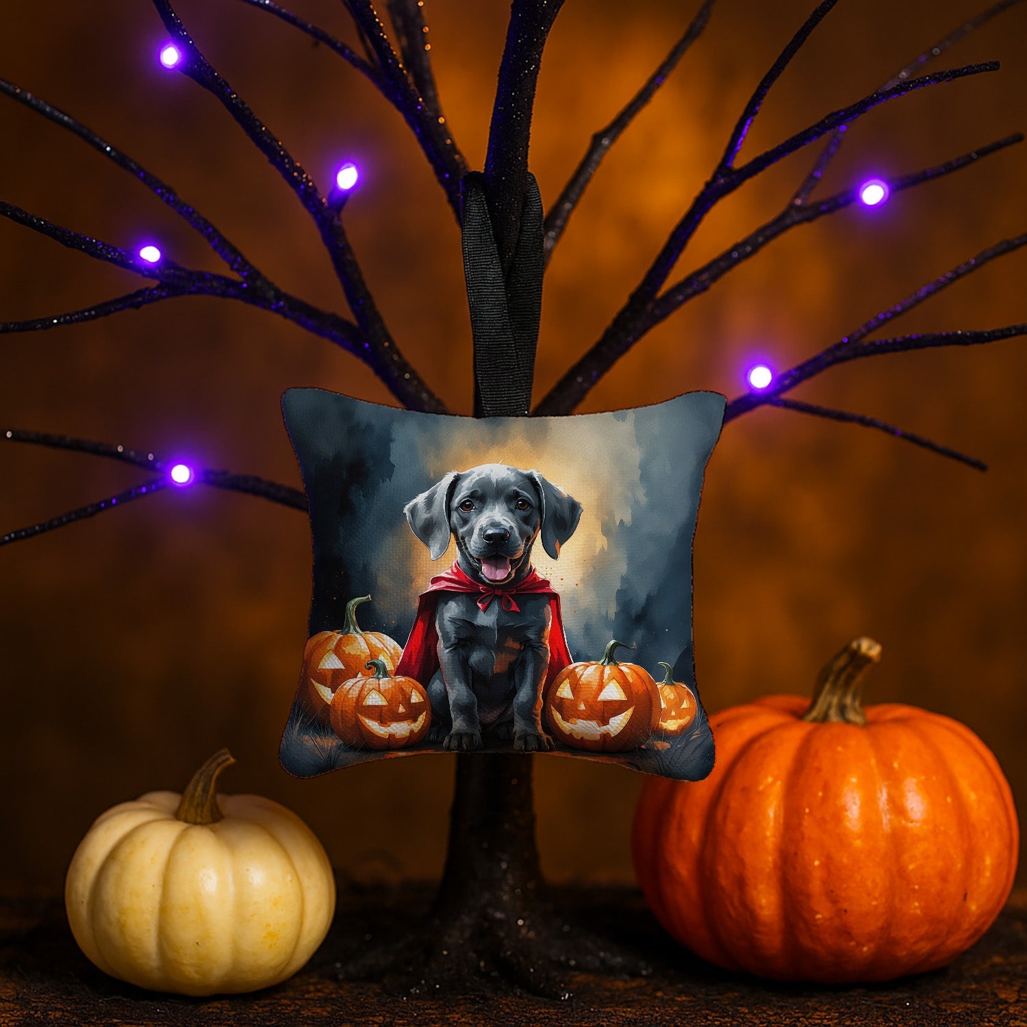 Weimaraner Puppy Halloween Hanging Square Fabric Ornament 3.5 × 3.5 Decorative Door-Knob & Tree Hanger, Soft Fabric