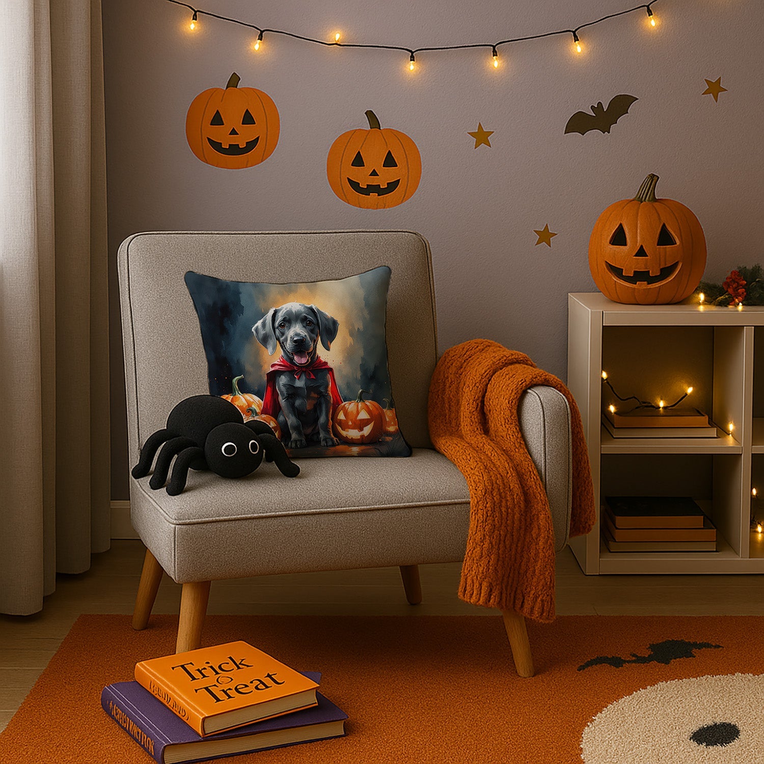 Weimaraner Puppy Halloween Decorative Throw Pillow 14x14 Indoor Outdoor Accent Cushion, Fabric Cover with Insert for Sofa, Bed, Porch & Living Room