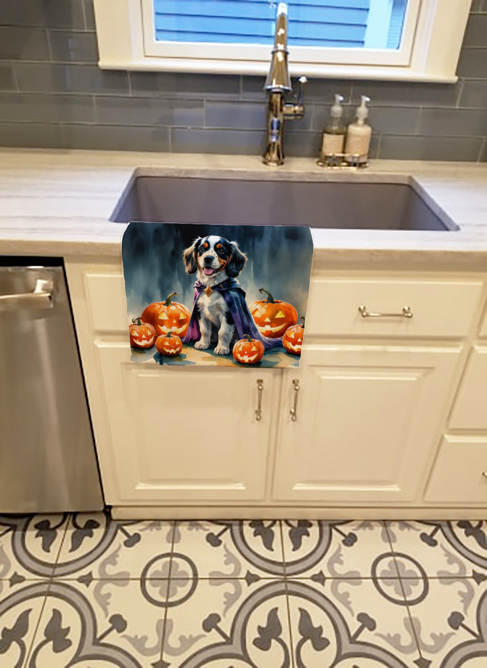 Welsh Springer Spaniel Puppy Halloween Kitchen Towel Velour Plush Front and Cotton Loop Back Machine Washable