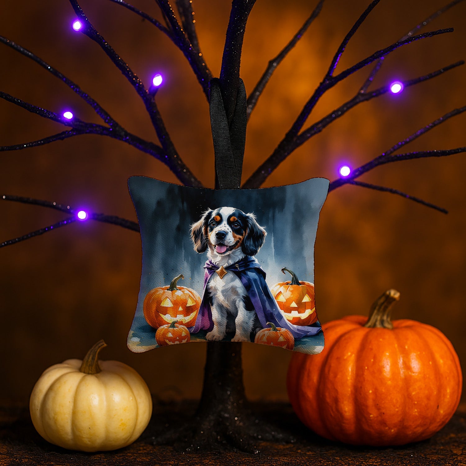 Welsh Springer Spaniel Puppy Halloween Hanging Square Fabric Ornament 3.5 × 3.5 Decorative Door-Knob & Tree Hanger, Soft Fabric