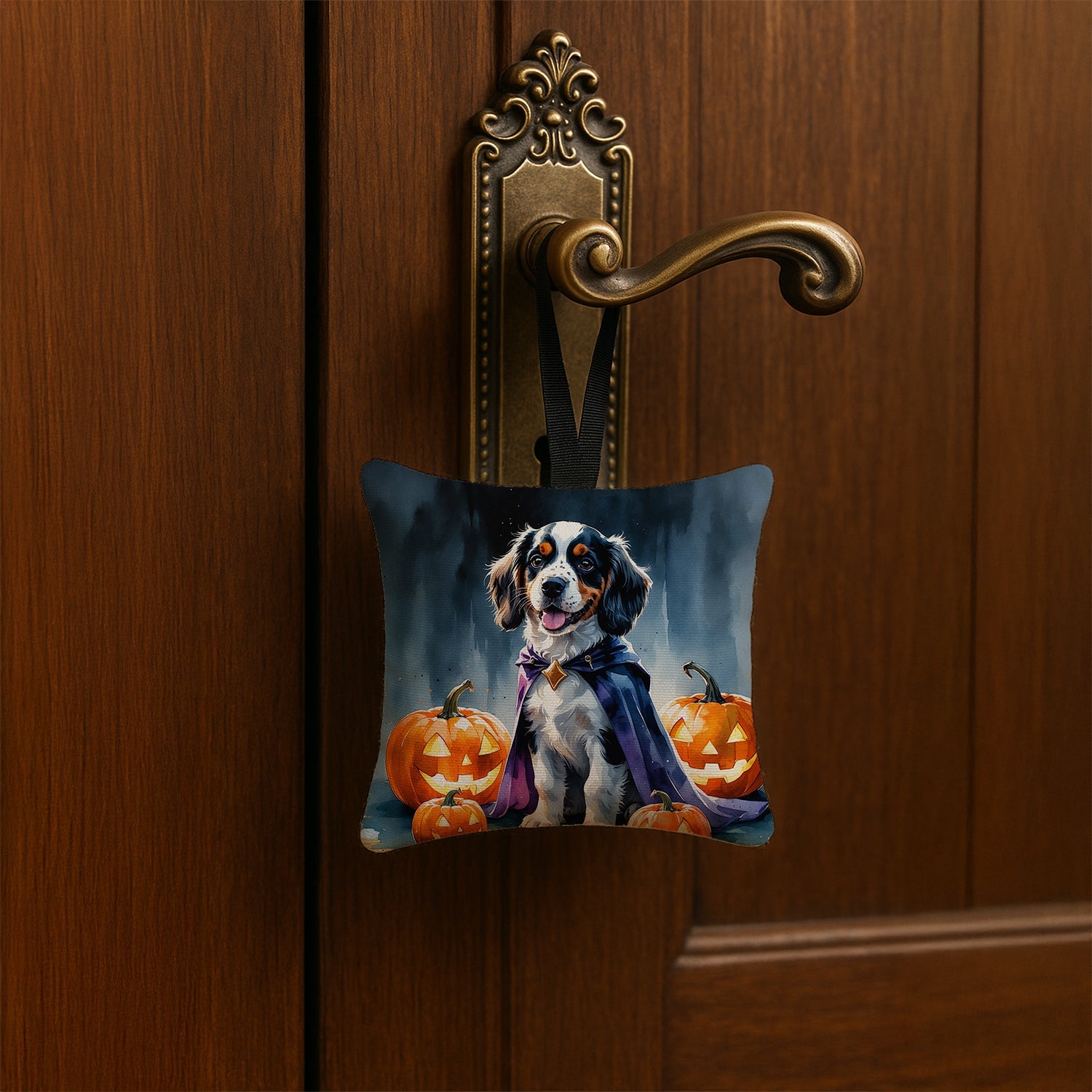 Welsh Springer Spaniel Puppy Halloween Hanging Square Fabric Ornament 3.5 × 3.5 Decorative Door-Knob & Tree Hanger, Soft Fabric