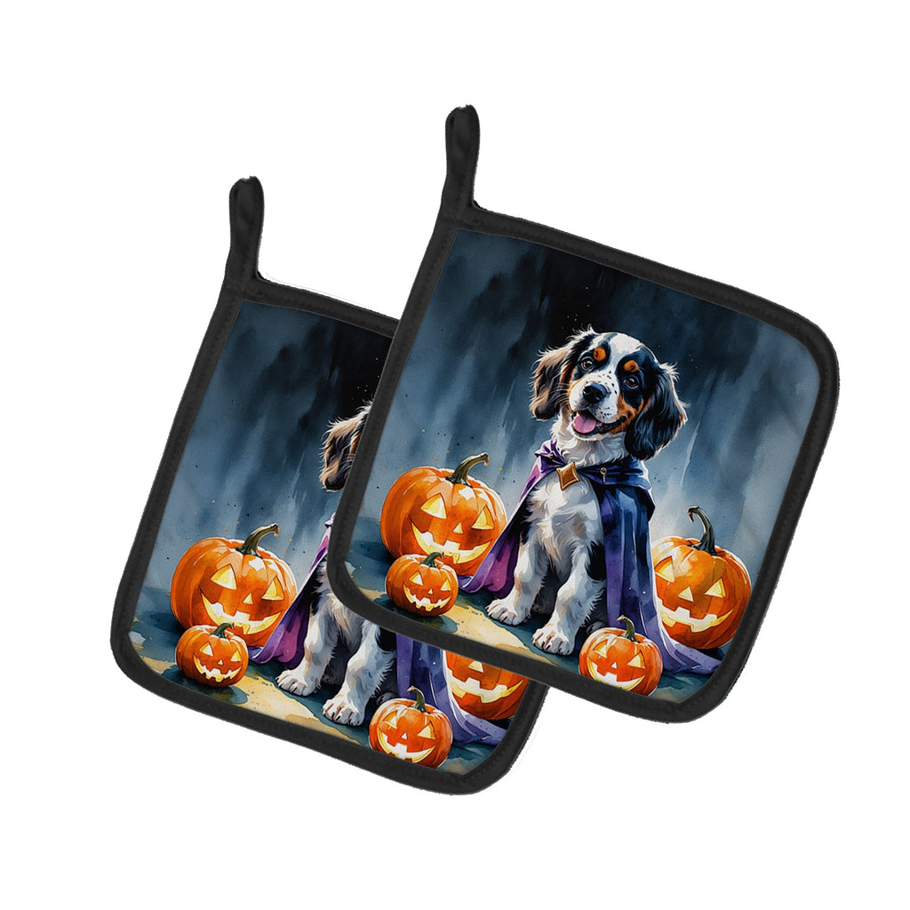 Welsh Springer Spaniel Puppy Halloween Pot Holder Set of 2 Heat Resistant Quilted Hot Pads 7.5 x 7.5 Inch, Insulated Kitchen Trivets for Cooking & Baking