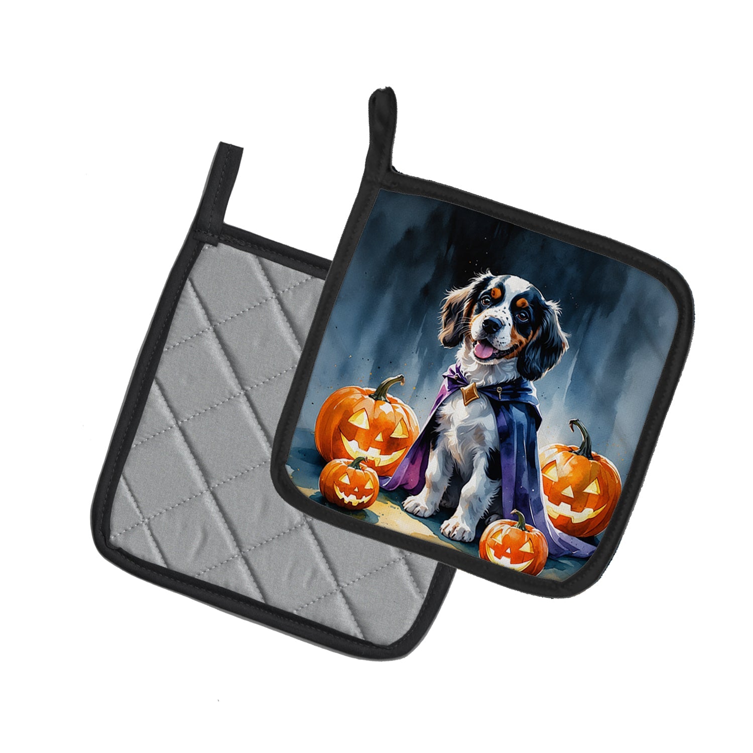 Welsh Springer Spaniel Puppy Halloween Pot Holder Set of 2 Heat Resistant Quilted Hot Pads 7.5 x 7.5 Inch, Insulated Kitchen Trivets for Cooking & Baking