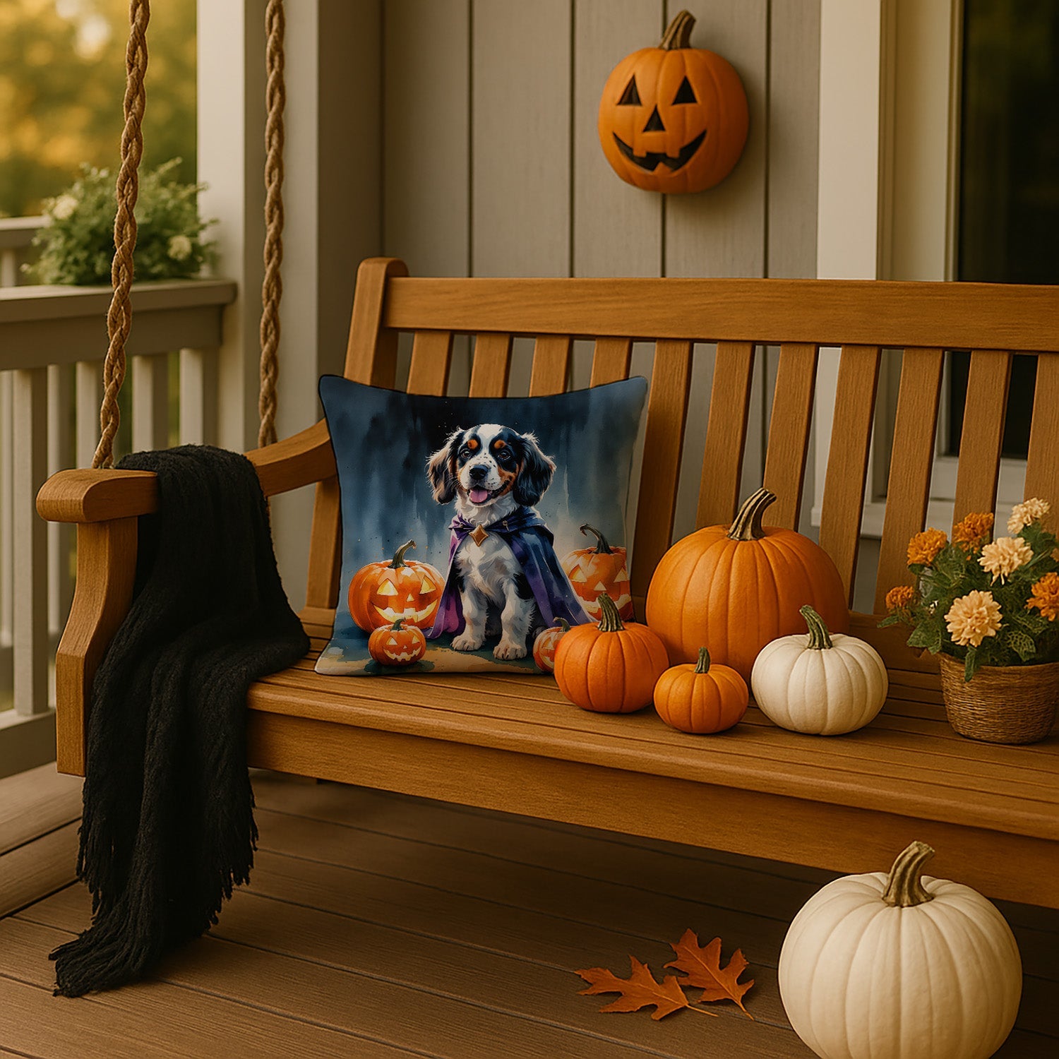 Welsh Springer Spaniel Puppy Halloween Decorative Throw Pillow 14x14 Indoor Outdoor Accent Cushion, Fabric Cover with Insert for Sofa, Bed, Porch & Living Room