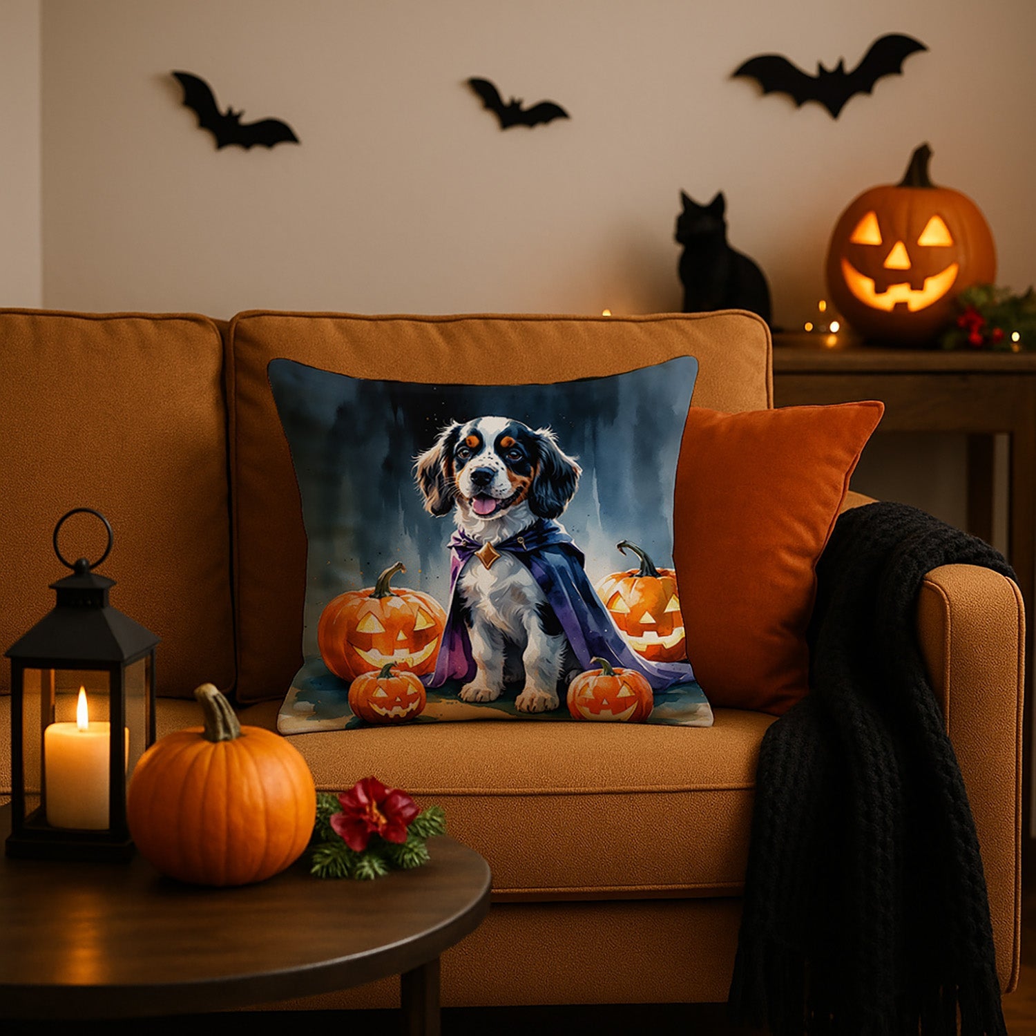 Welsh Springer Spaniel Puppy Halloween Decorative Throw Pillow 18x18 Indoor Outdoor Accent Cushion, Fabric Cover with Insert for Sofa, Bed, Porch & Living Room