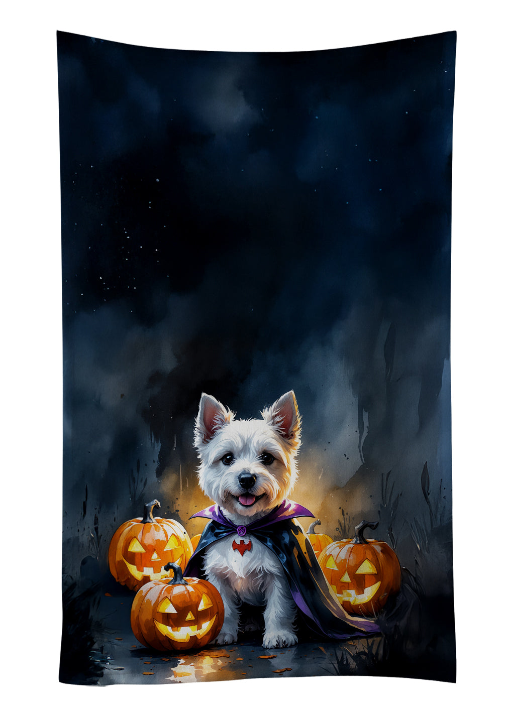Westie Spaniel Puppy Halloween Kitchen Towel Velour Plush Front and Cotton Loop Back Machine Washable