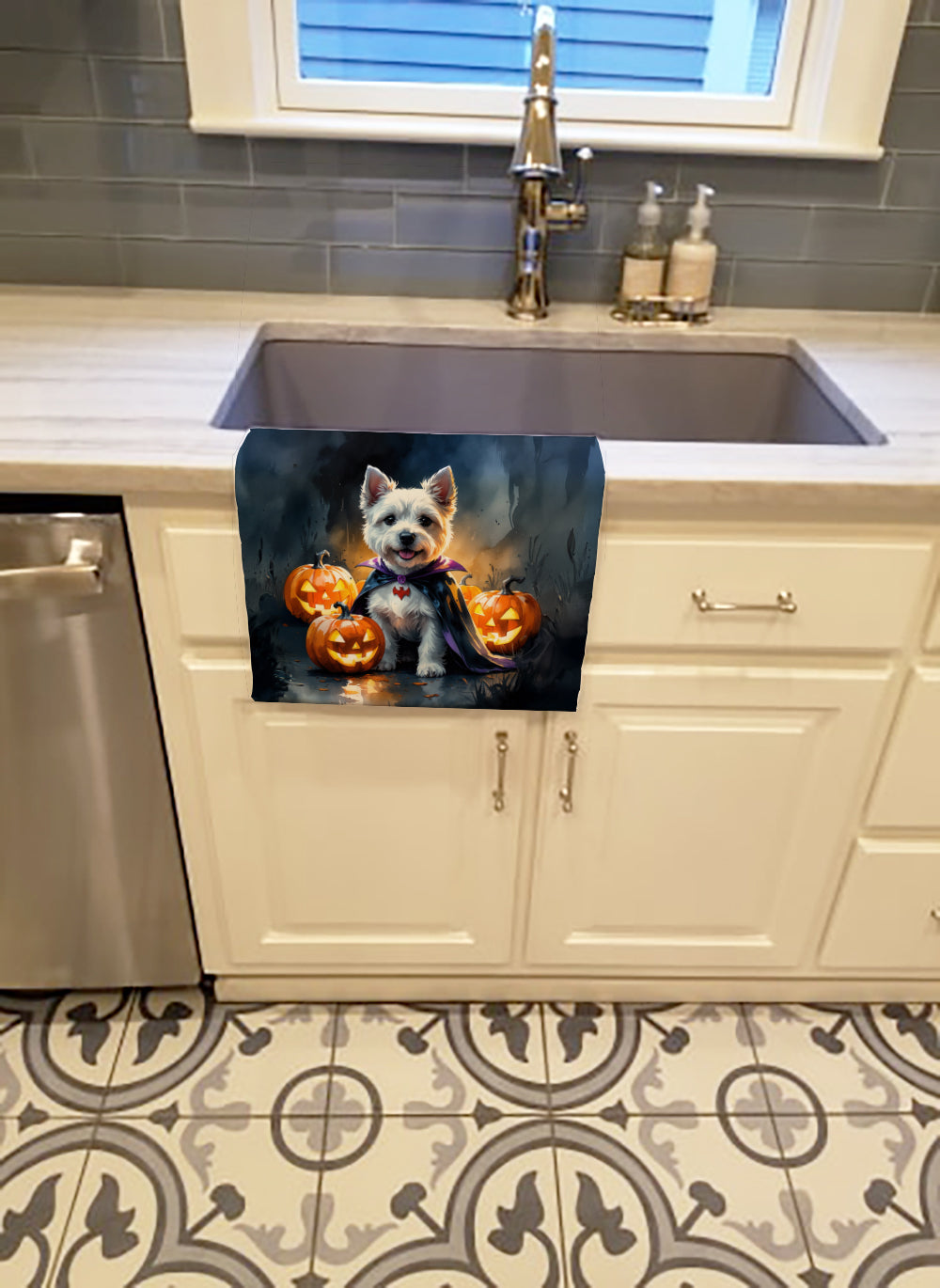 Westie Spaniel Puppy Halloween Kitchen Towel Velour Plush Front and Cotton Loop Back Machine Washable