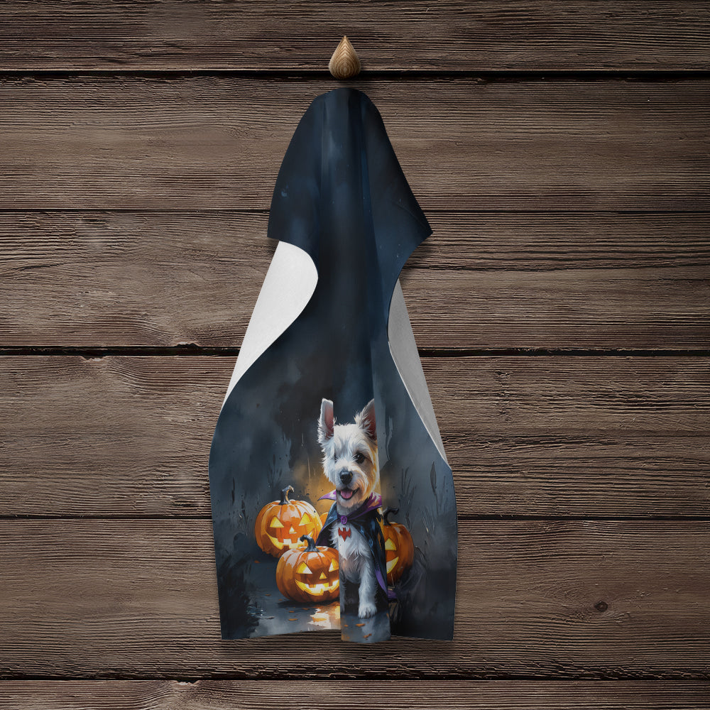 Westie Spaniel Puppy Halloween Kitchen Towel Velour Plush Front and Cotton Loop Back Machine Washable