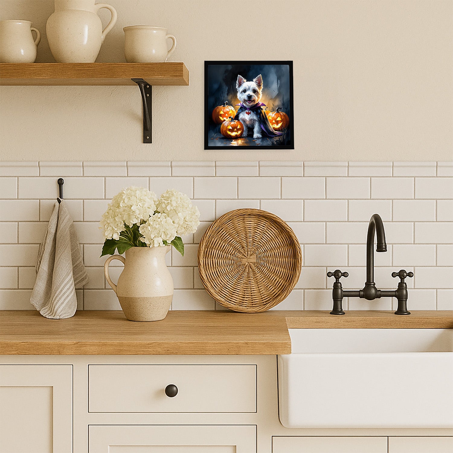 Westie Spaniel Puppy Halloween Framed Metal Print Bathroom, Kitchen, Office, Home Decor Wall Art Ready to Hang, Square, 8X8