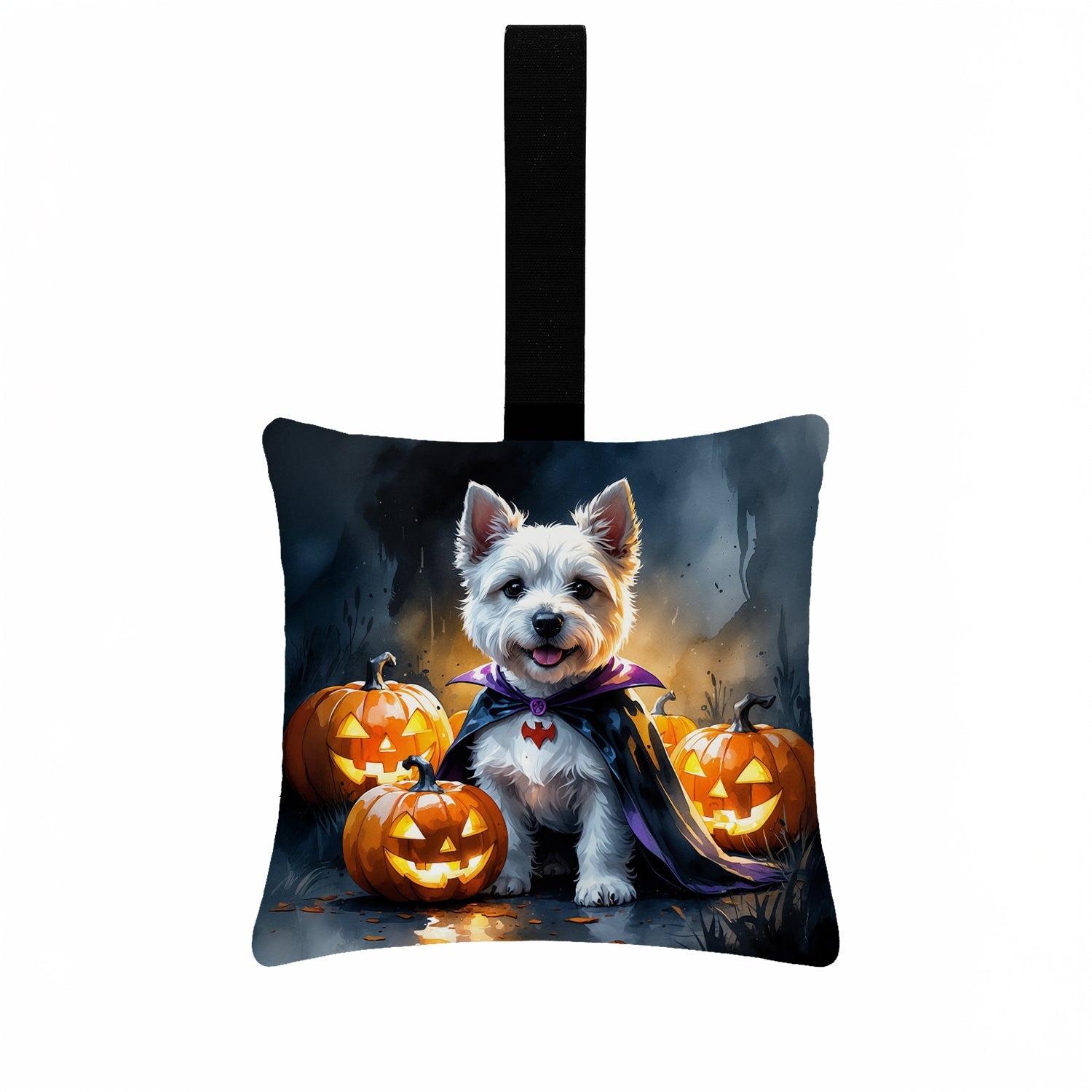 Westie Spaniel Puppy Halloween Hanging Square Fabric Ornament 3.5 × 3.5 Decorative Door-Knob & Tree Hanger, Soft Fabric