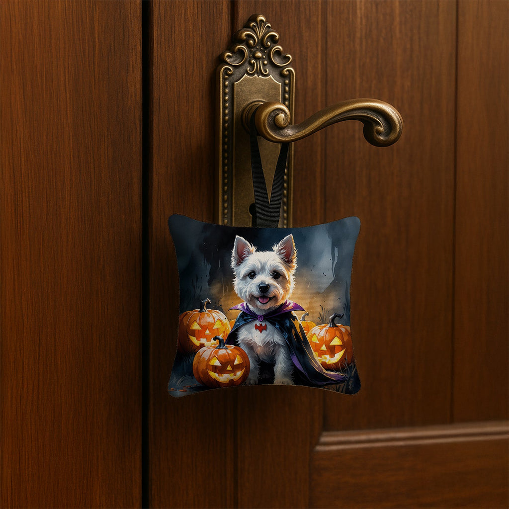 Westie Spaniel Puppy Halloween Hanging Square Fabric Ornament 3.5 × 3.5 Decorative Door-Knob & Tree Hanger, Soft Fabric