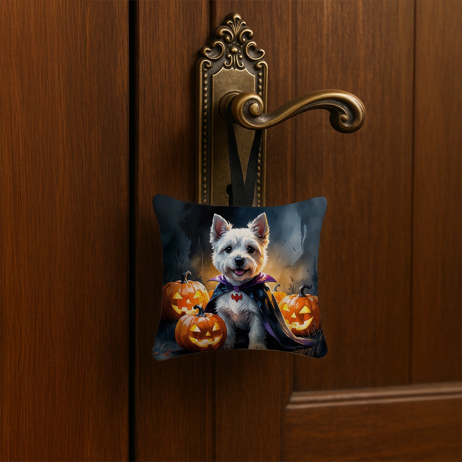 Westie Spaniel Puppy Halloween Hanging Square Fabric Ornament 3.5 × 3.5 Decorative Door-Knob & Tree Hanger, Soft Fabric