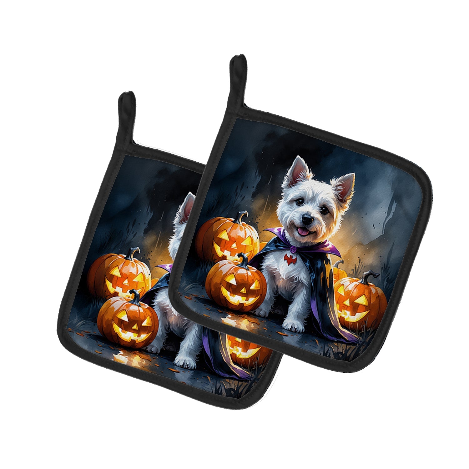 Westie Spaniel Puppy Halloween Pot Holder Set of 2 Heat Resistant Quilted Hot Pads 7.5 x 7.5 Inch, Insulated Kitchen Trivets for Cooking & Baking