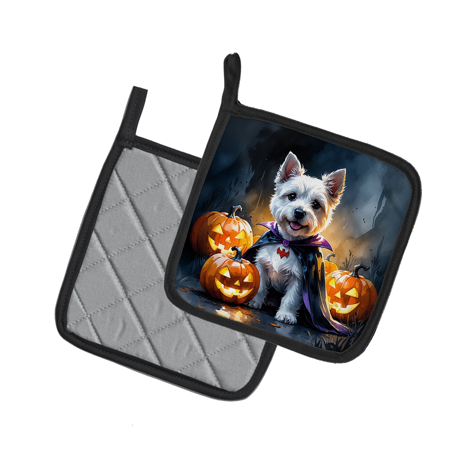 Westie Spaniel Puppy Halloween Pot Holder Set of 2 Heat Resistant Quilted Hot Pads 7.5 x 7.5 Inch, Insulated Kitchen Trivets for Cooking & Baking