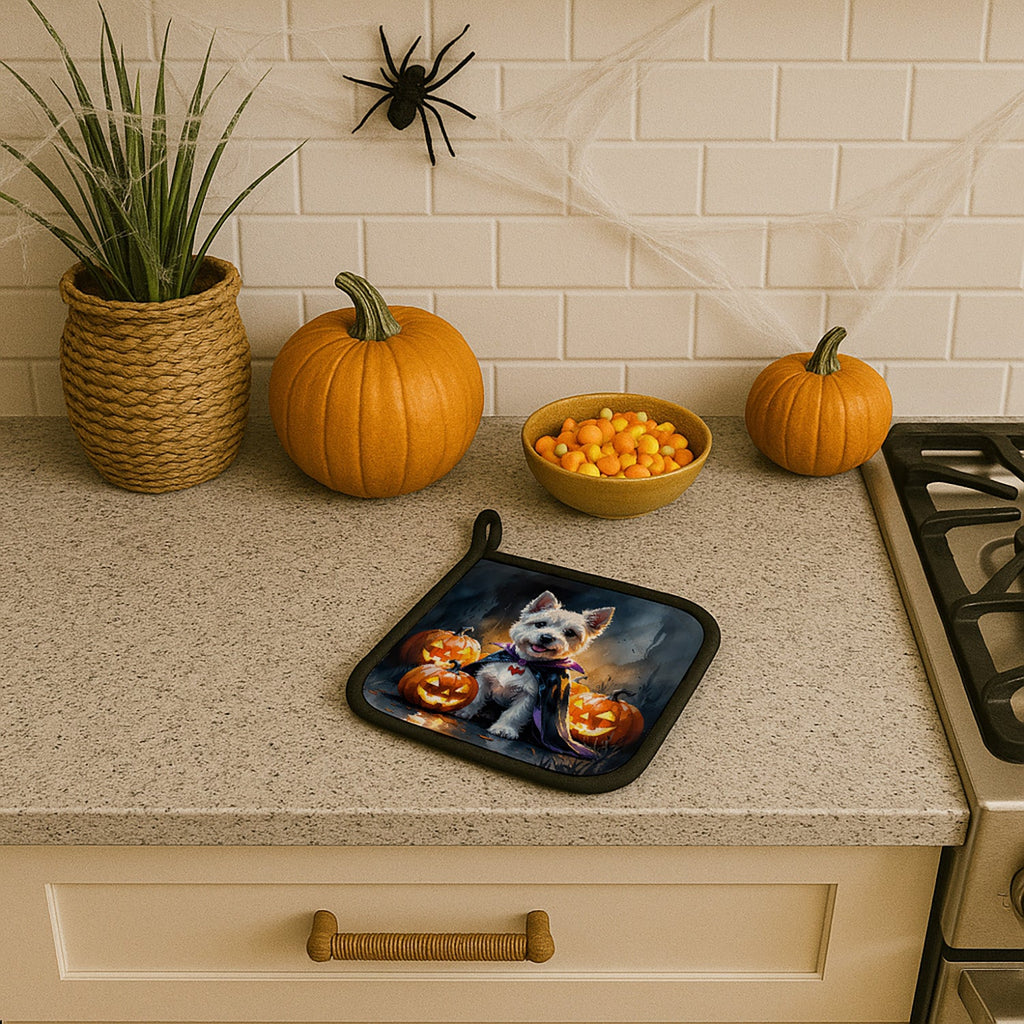 Westie Spaniel Puppy Halloween Pot Holder Set of 2 Heat Resistant Quilted Hot Pads 7.5 x 7.5 Inch, Insulated Kitchen Trivets for Cooking & Baking