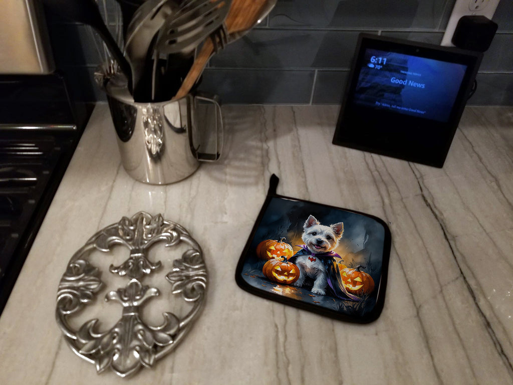 Westie Spaniel Puppy Halloween Pot Holder Set of 2 Heat Resistant Quilted Hot Pads 7.5 x 7.5 Inch, Insulated Kitchen Trivets for Cooking & Baking