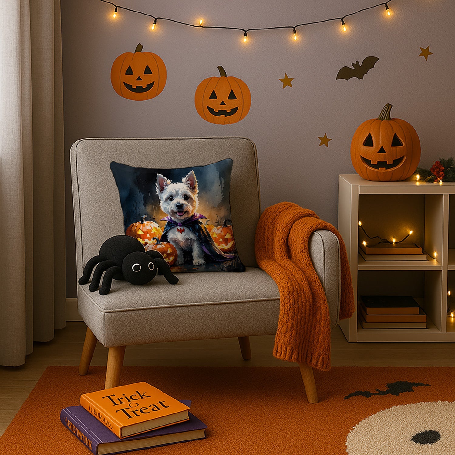 Westie Spaniel Puppy Halloween Decorative Throw Pillow 14x14 Indoor Outdoor Accent Cushion, Fabric Cover with Insert for Sofa, Bed, Porch & Living Room