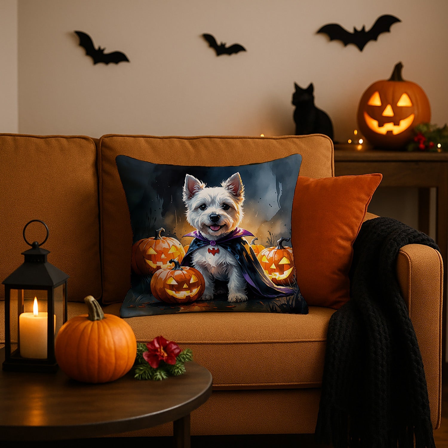 Westie Spaniel Puppy Halloween Decorative Throw Pillow 18x18 Indoor Outdoor Accent Cushion, Fabric Cover with Insert for Sofa, Bed, Porch & Living Room