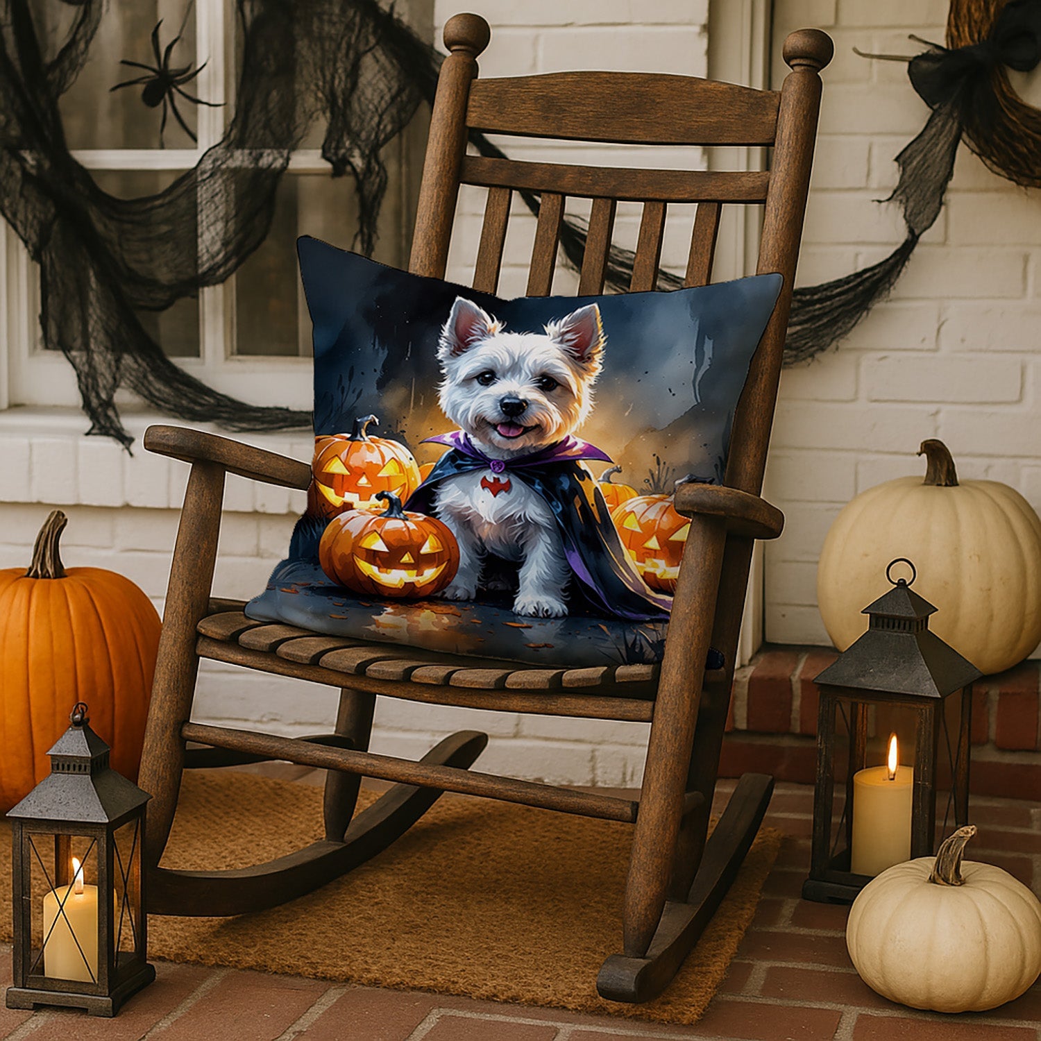 Westie Spaniel Puppy Halloween Decorative Throw Pillow 18x18 Indoor Outdoor Accent Cushion, Fabric Cover with Insert for Sofa, Bed, Porch & Living Room