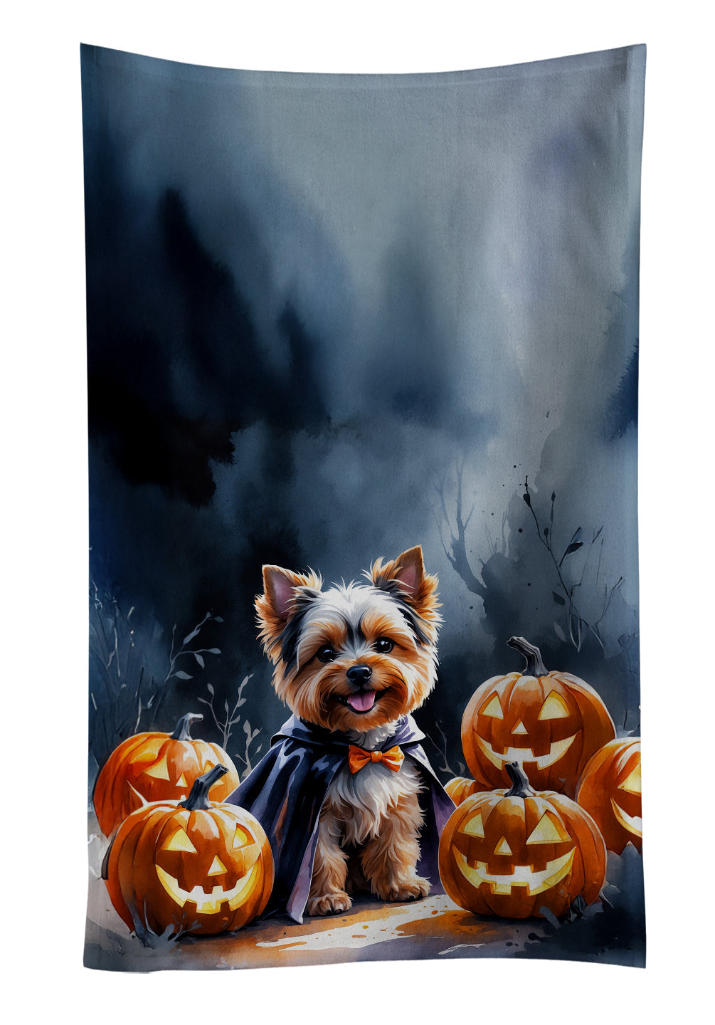 Yorkshire Terrier Puppy Halloween Kitchen Towel Velour Plush Front and Cotton Loop Back Machine Washable