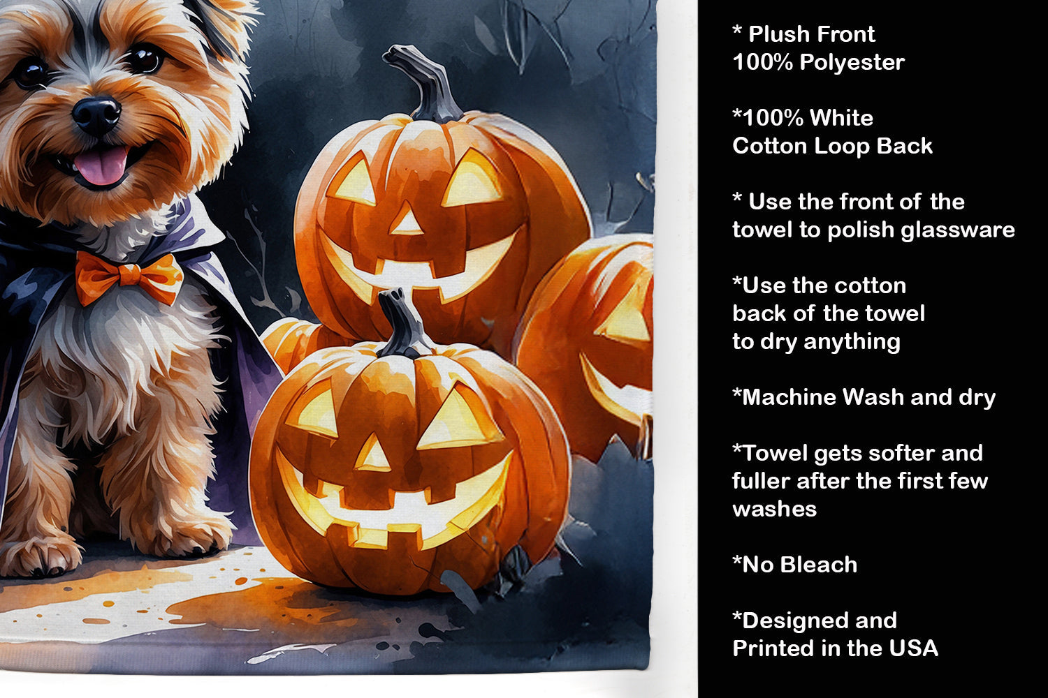 Yorkshire Terrier Puppy Halloween Kitchen Towel Velour Plush Front and Cotton Loop Back Machine Washable