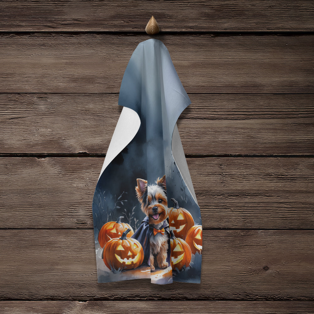 Yorkshire Terrier Puppy Halloween Kitchen Towel Velour Plush Front and Cotton Loop Back Machine Washable