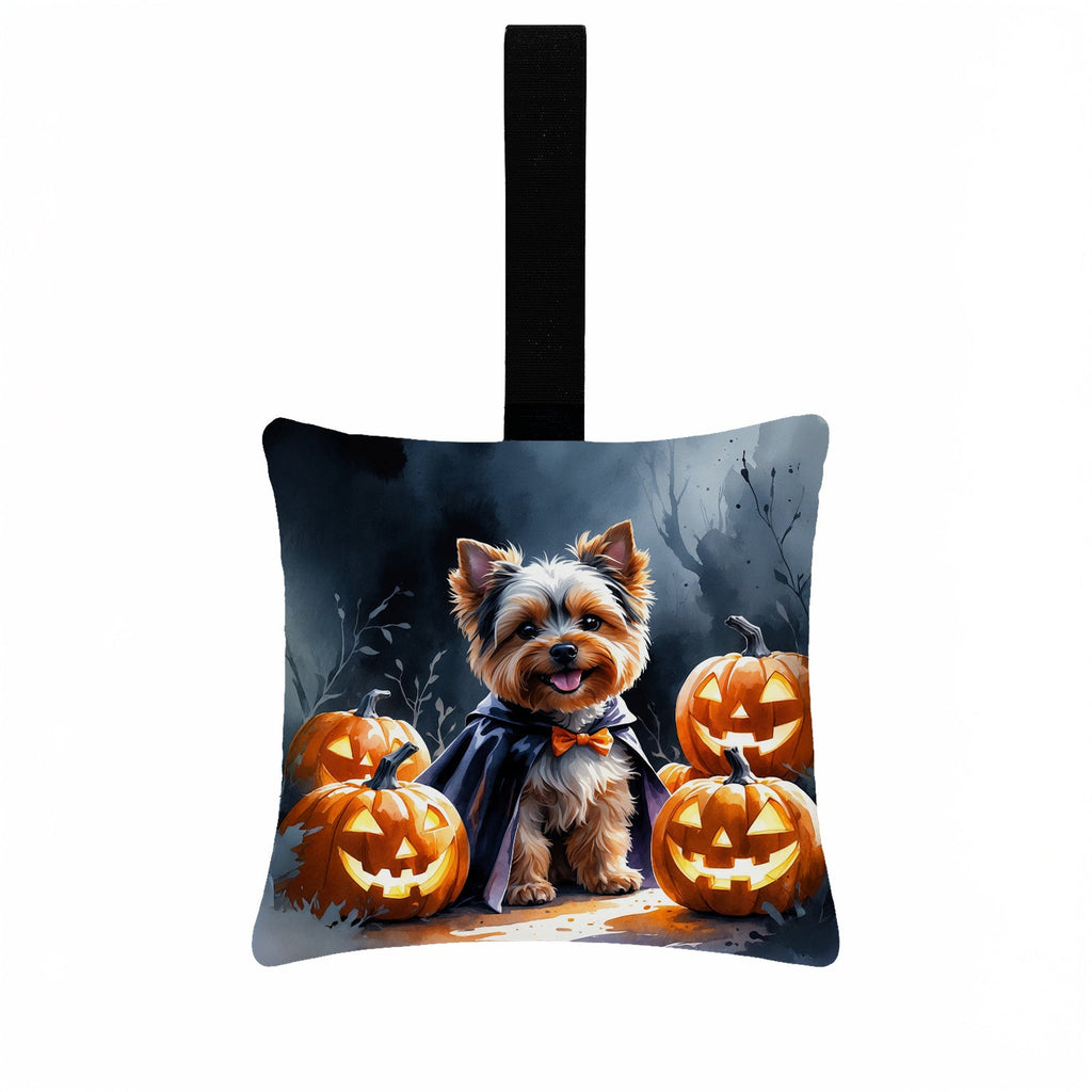Yorkshire Terrier Puppy Halloween Hanging Square Fabric Ornament 3.5 × 3.5 Decorative Door-Knob & Tree Hanger, Soft Fabric