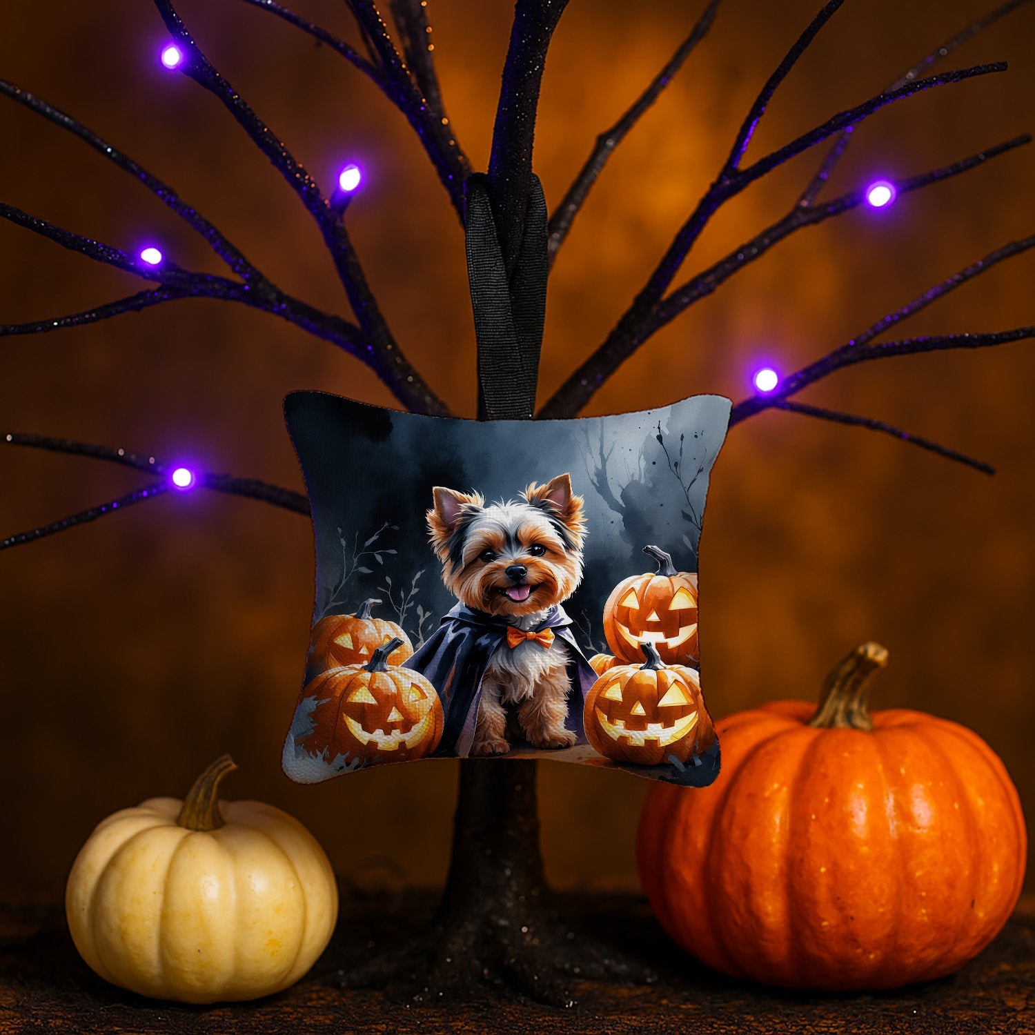 Yorkshire Terrier Puppy Halloween Hanging Square Fabric Ornament 3.5 × 3.5 Decorative Door-Knob & Tree Hanger, Soft Fabric