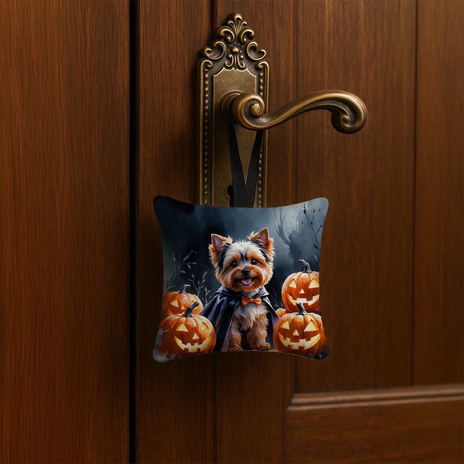 Yorkshire Terrier Puppy Halloween Hanging Square Fabric Ornament 3.5 × 3.5 Decorative Door-Knob & Tree Hanger, Soft Fabric