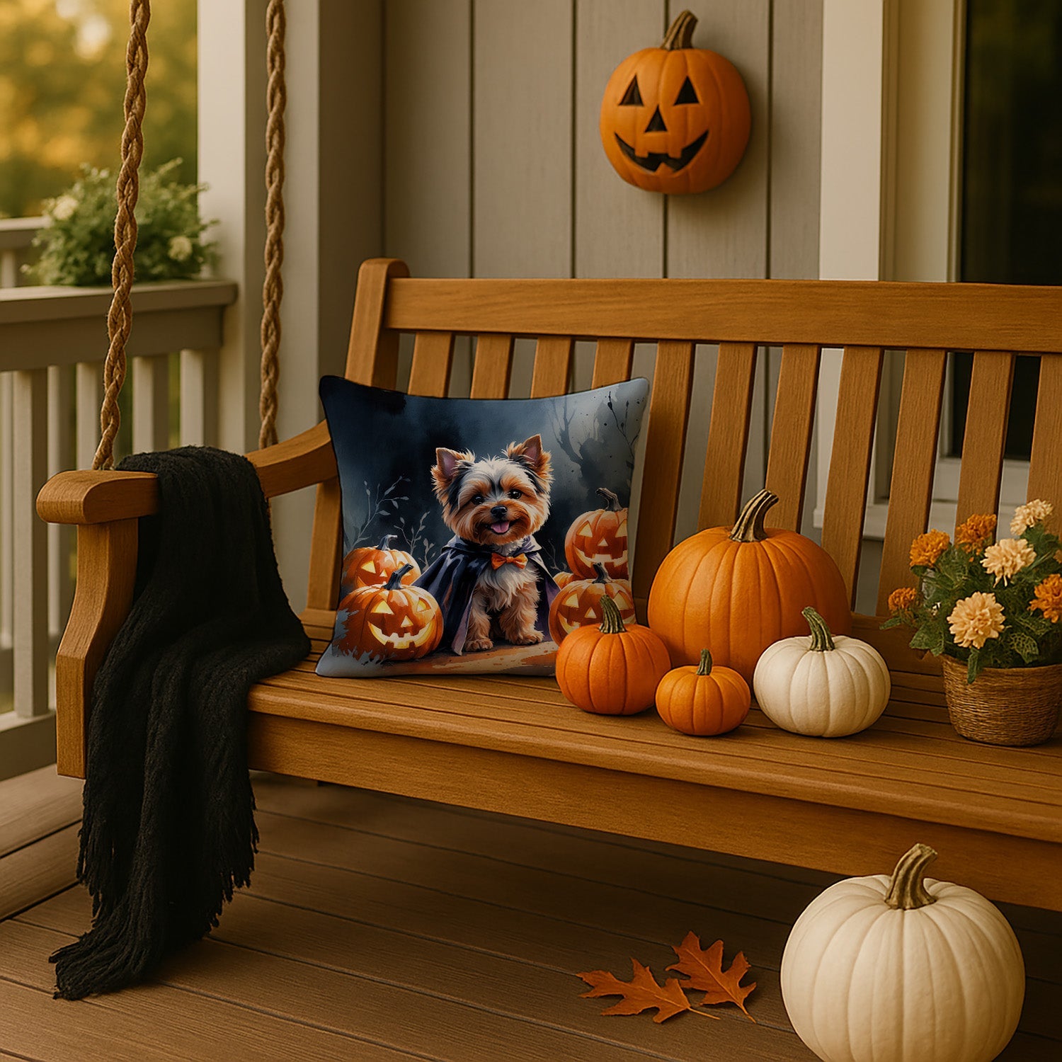 Yorkshire Terrier Puppy Halloween Decorative Throw Pillow 14x14 Indoor Outdoor Accent Cushion, Fabric Cover with Insert for Sofa, Bed, Porch & Living Room