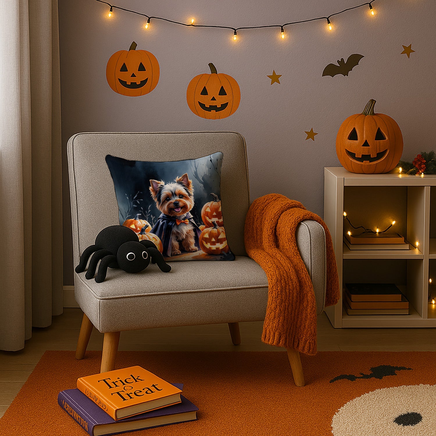 Yorkshire Terrier Puppy Halloween Decorative Throw Pillow 14x14 Indoor Outdoor Accent Cushion, Fabric Cover with Insert for Sofa, Bed, Porch & Living Room