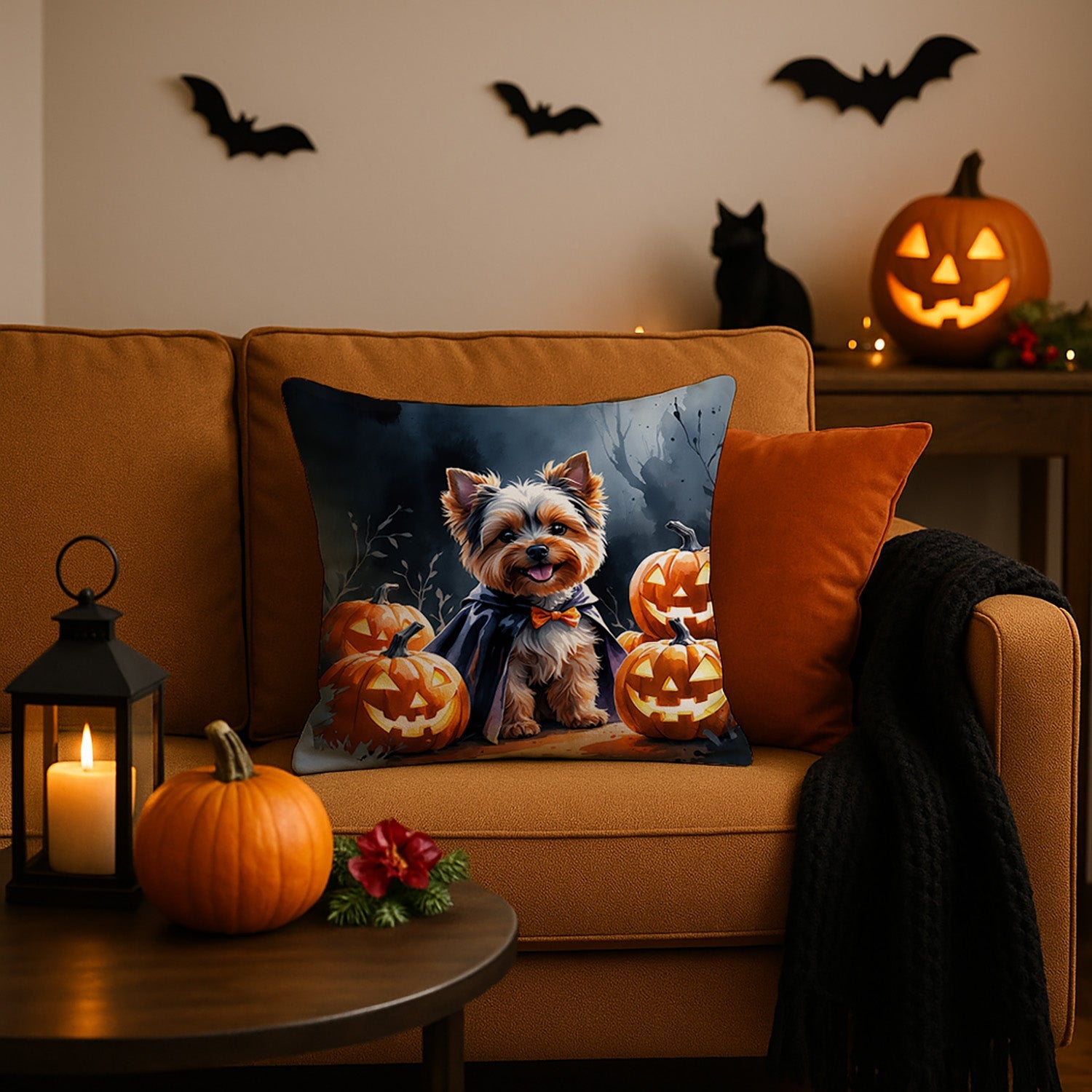 Yorkshire Terrier Puppy Halloween Decorative Throw Pillow 18x18 Indoor Outdoor Accent Cushion, Fabric Cover with Insert for Sofa, Bed, Porch & Living Room