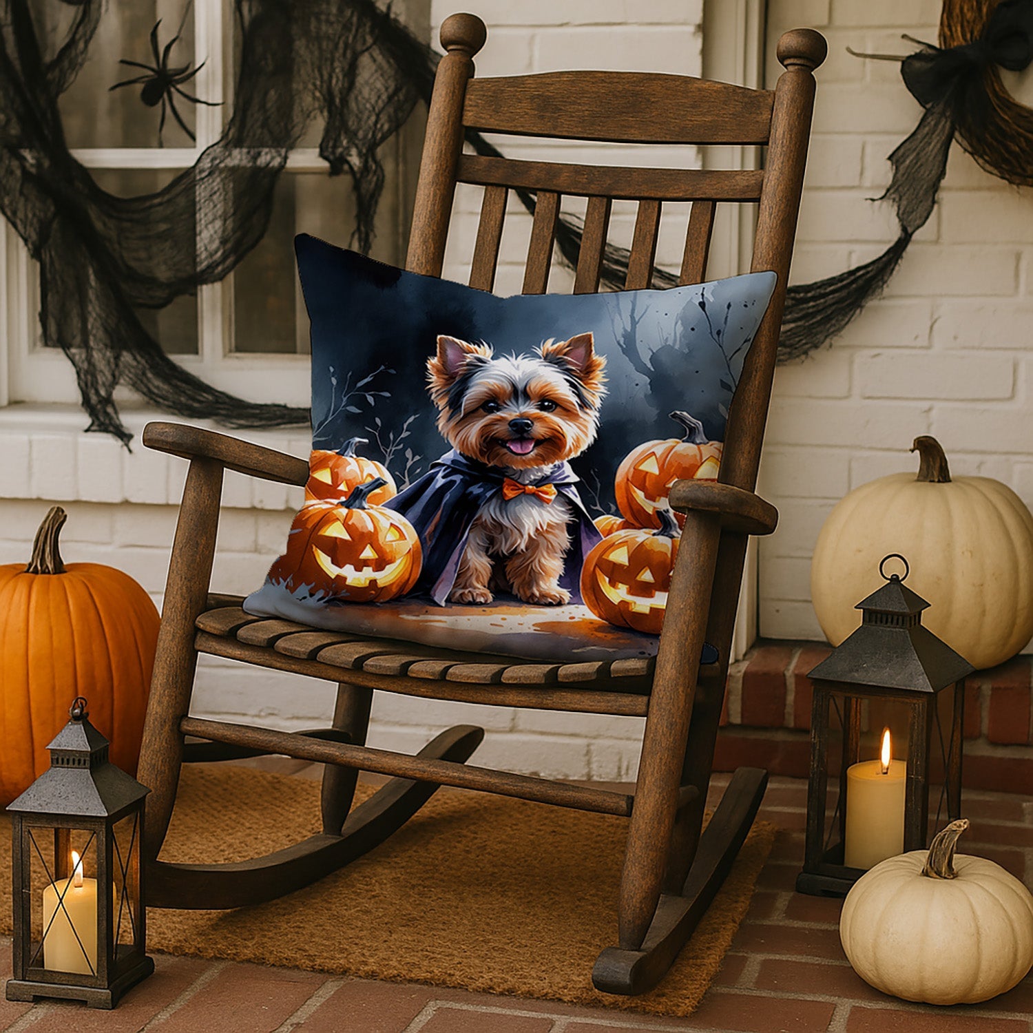 Yorkshire Terrier Puppy Halloween Decorative Throw Pillow 18x18 Indoor Outdoor Accent Cushion, Fabric Cover with Insert for Sofa, Bed, Porch & Living Room