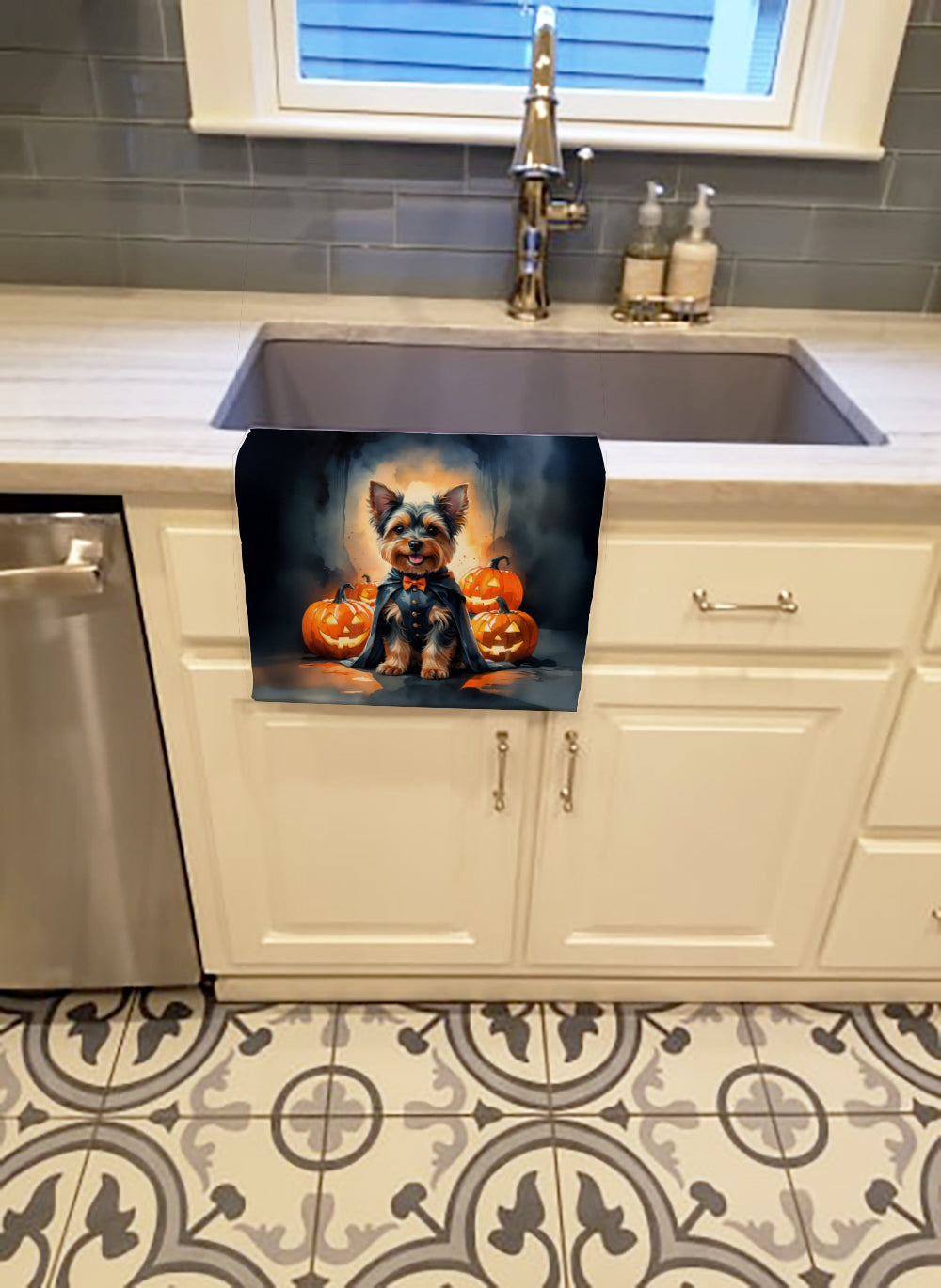 Yorkshire Terrier Yorkie Puppy Halloween Kitchen Towel Velour Plush Front and Cotton Loop Back Machine Washable