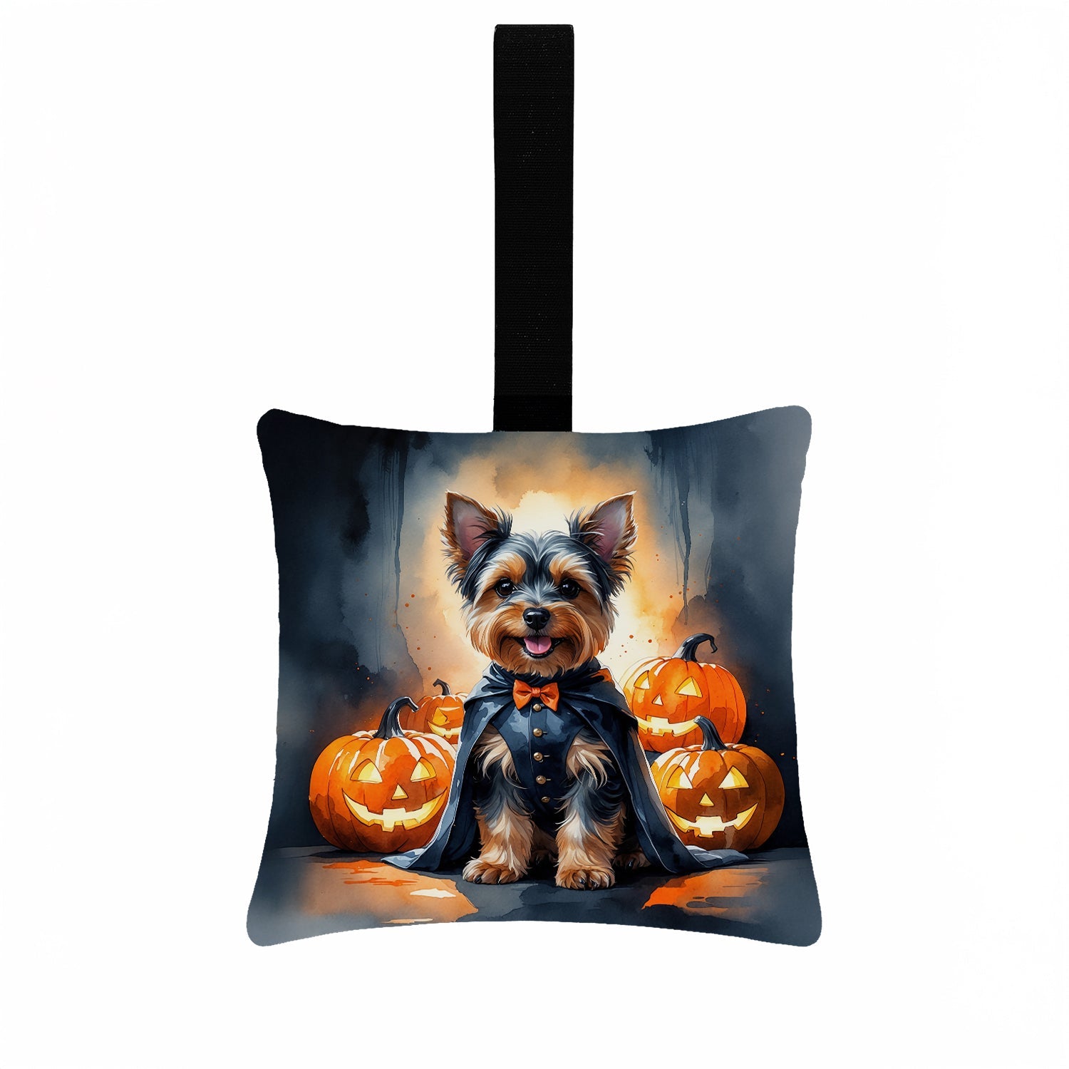 Yorkshire Terrier Yorkie Puppy Halloween Hanging Square Fabric Ornament 3.5 × 3.5 Decorative Door-Knob & Tree Hanger, Soft Fabric