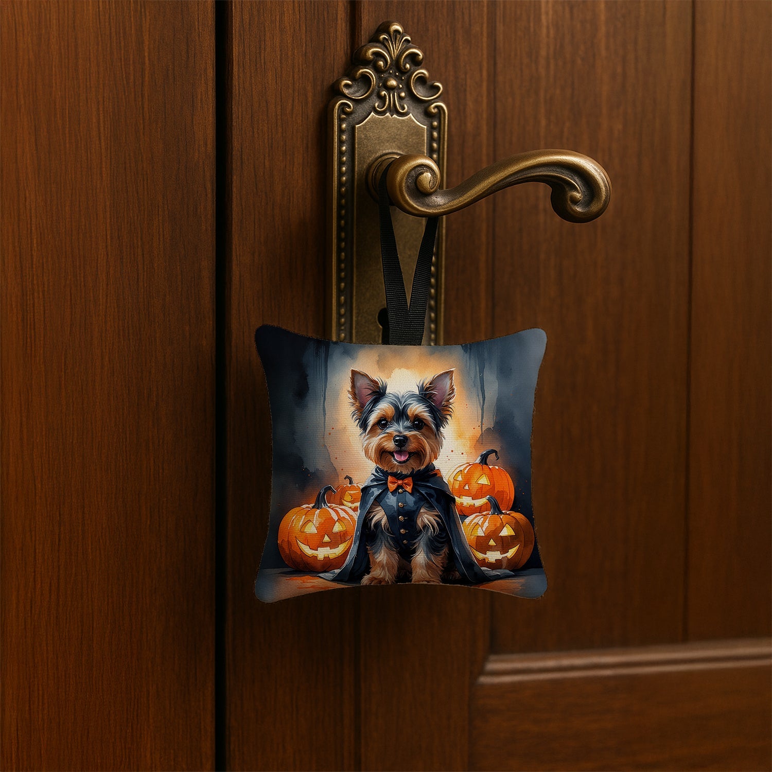 Yorkshire Terrier Yorkie Puppy Halloween Hanging Square Fabric Ornament 3.5 × 3.5 Decorative Door-Knob & Tree Hanger, Soft Fabric