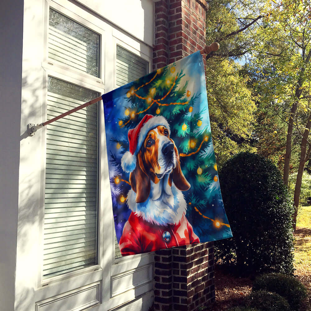 Basset Hound Christmas House Flag 28x40 Porch Sleeve Pole Decorative Outside Yard Banner Artwork Wall Hanging, Polyester