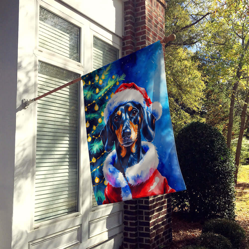 Dachshund Christmas House Flag 28x40 Porch Sleeve Pole Decorative Outside Yard Banner Artwork Wall Hanging, Polyester