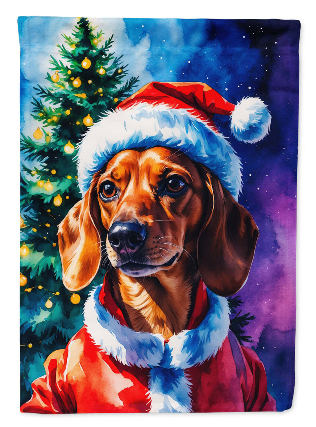 Red Dachshund Christmas House Flag 28x40 Porch Sleeve Pole Decorative Outside Yard Banner Artwork Wall Hanging, Polyester