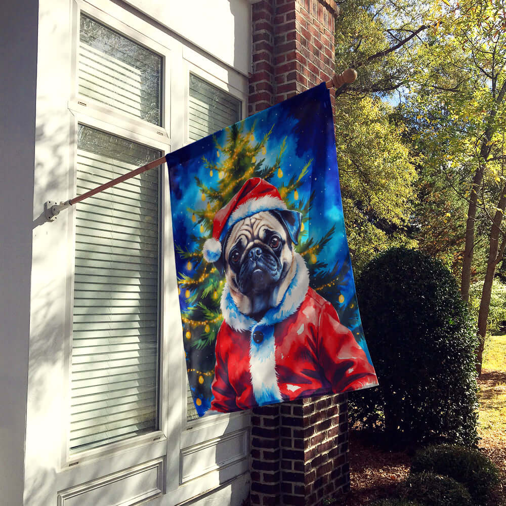 Pug Christmas House Flag 28x40 Porch Sleeve Pole Decorative Outside Yard Banner Artwork Wall Hanging, Polyester