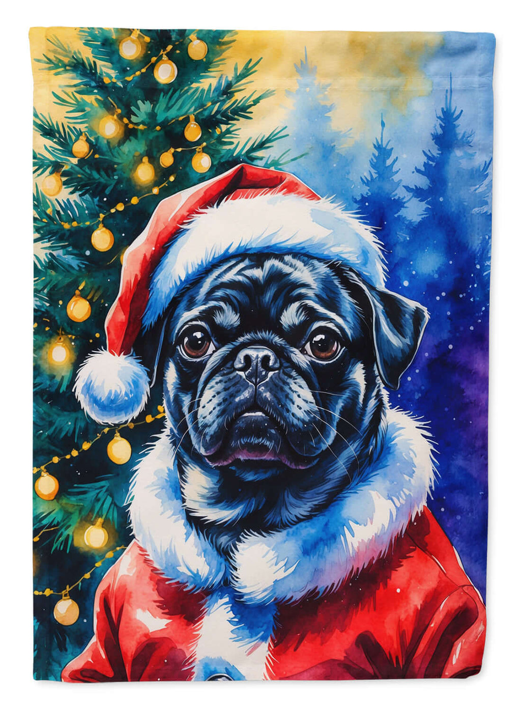 Black Pug Christmas House Flag 28x40 Porch Sleeve Pole Decorative Outside Yard Banner Artwork Wall Hanging, Polyester