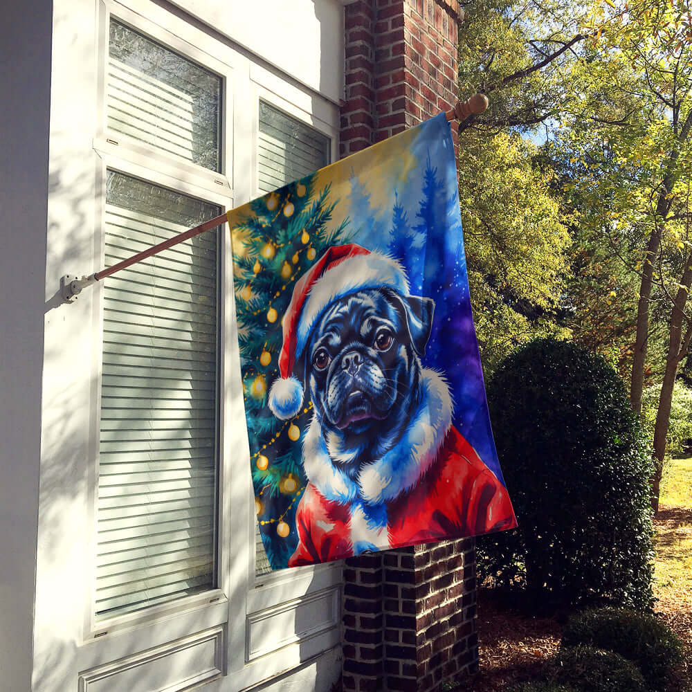Black Pug Christmas House Flag 28x40 Porch Sleeve Pole Decorative Outside Yard Banner Artwork Wall Hanging, Polyester