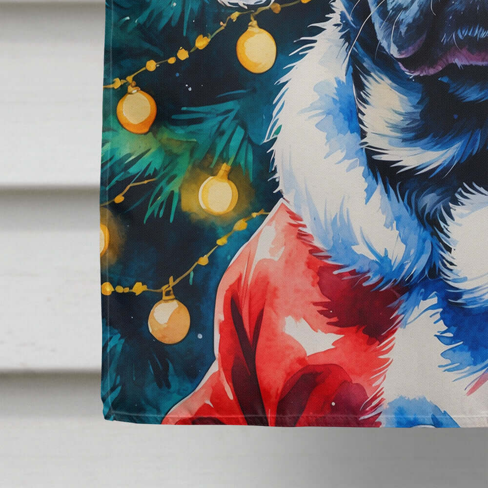 Black Pug Christmas House Flag 28x40 Porch Sleeve Pole Decorative Outside Yard Banner Artwork Wall Hanging, Polyester