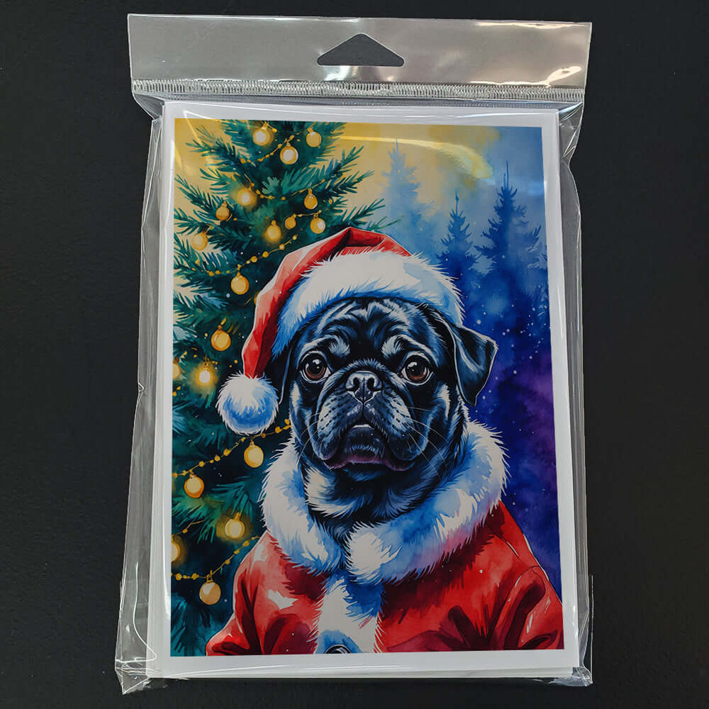 Black Pug Christmas Greeting Cards Pack of 8 Blank Cards with Envelopes Whimsical A7 Size 5x7
