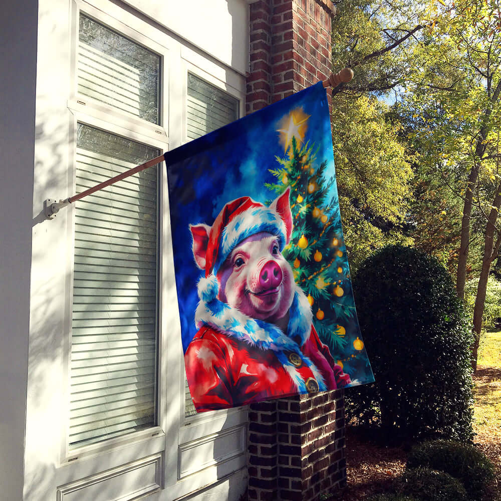 Pig Christmas House Flag 28x40 Porch Sleeve Pole Decorative Outside Yard Banner Artwork Wall Hanging, Polyester