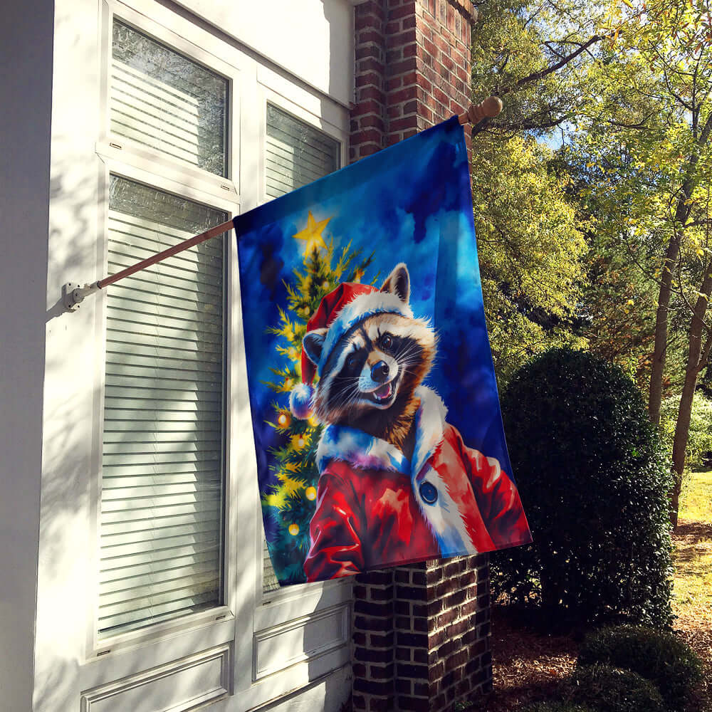 Raccoon Christmas House Flag 28x40 Porch Sleeve Pole Decorative Outside Yard Banner Artwork Wall Hanging, Polyester