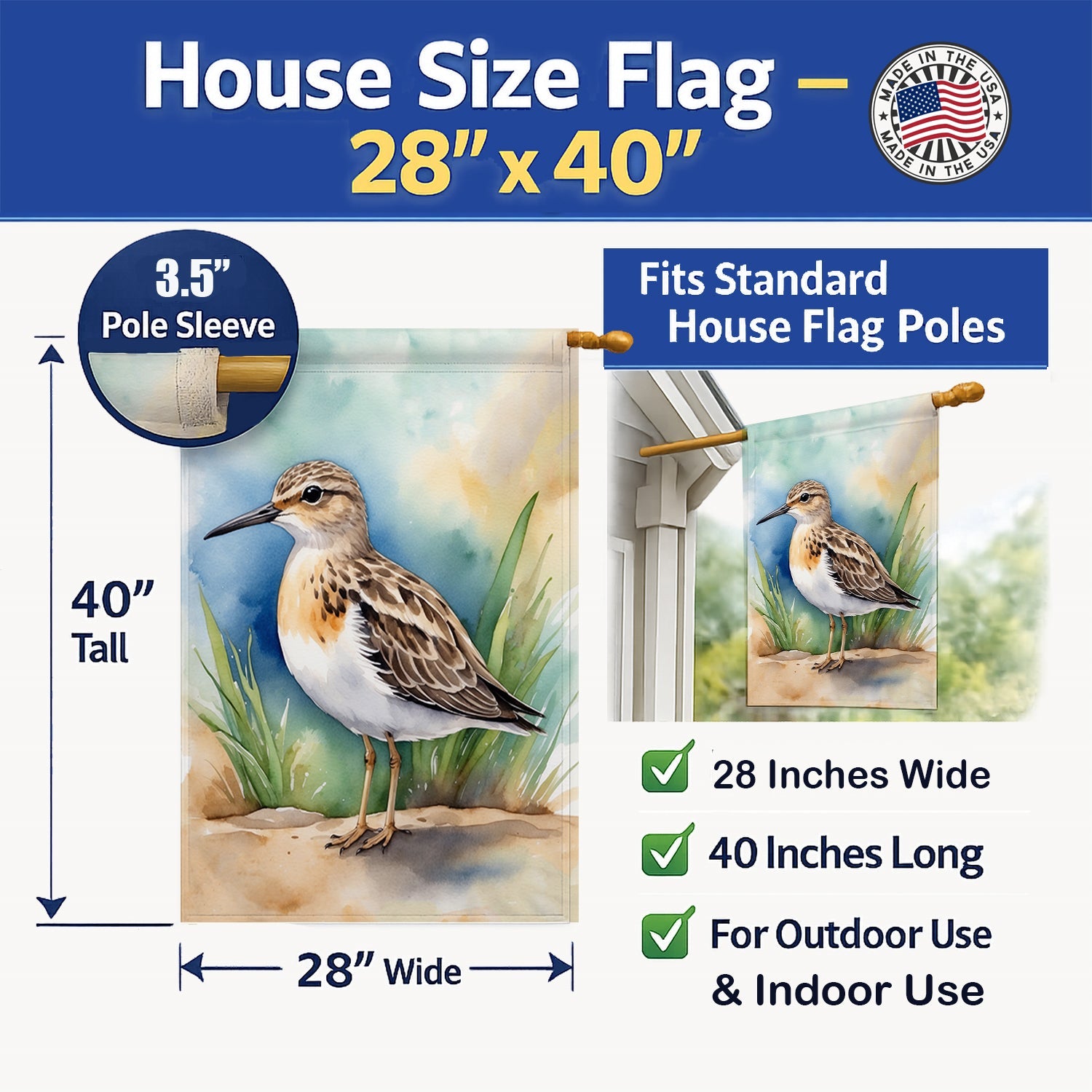 Buff-breasted Sandpiper Bird House Flag 28x40 Porch Sleeve Pole Decorative Outside Yard Banner Artwork Wall Hanging, Polyester